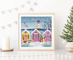 Broderikit Tavla Snowy Sea Cottages - Snöfall vid havet