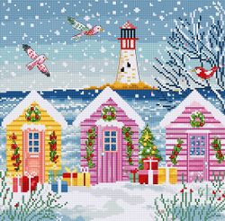 Broderikit Tavla Snowy Sea Cottages - Snöfall vid havet