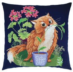 Broderikit Kudde Cat-gardener - Kattträdgårdsmästare