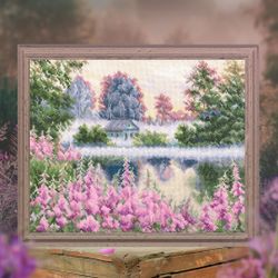 Broderikit Tavla Pink fog - Stuga i morgons rosa dimma
