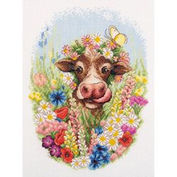 Broderikit Tavla Sunny the Cow - Ko bland blommor