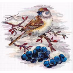 Broderikit Tavla Nimble sparrow - Sparv på en gren med bär