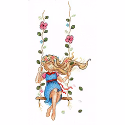 Broderikit Embroidery Flicka på en blomstergunga Vattenlöslig aida