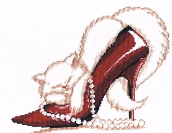 Broderikit tavla Red shoe - Röd sko och moderiktig katt