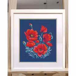 Broderikit Tavla Poppies on dark blue- Vallmo på mörkblått