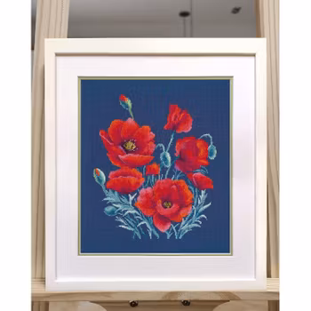 Broderikit Tavla Poppies on dark blue- Vallmo på mörkblått