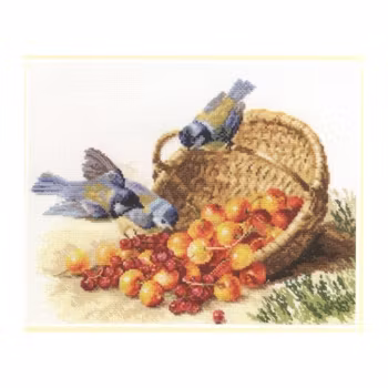 Broderikit Tavla Chickadees and Sweet Cherries - Talgoxar och söta körsbär