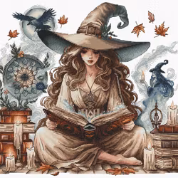 Broderikit Tavla The Witch's Autumn - Häxan med boken