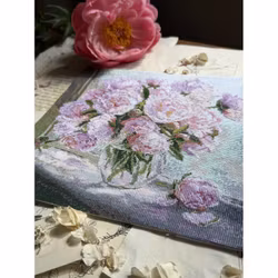 Broderikit Tavla Peonies on the windows - Pioner i fönstret