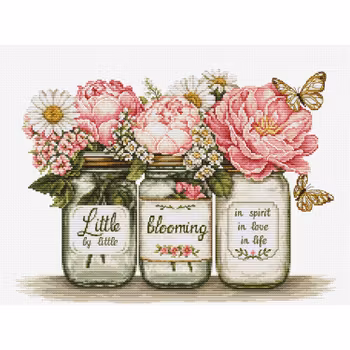 Broderikit Tavla Little by Little Blooming - Blommor i glasburkar