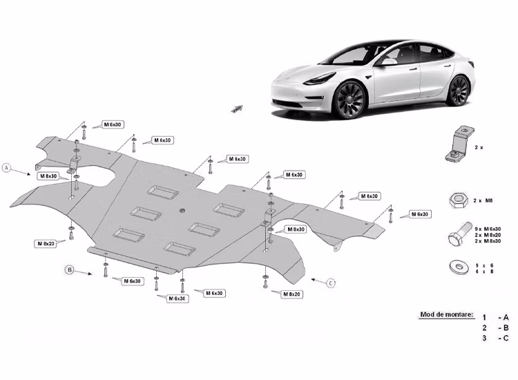 Underkörningsskydd bakre elmotor Tesla Model 3 2017-2024