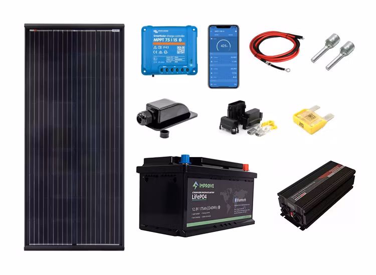 Off-Grid paket Husbild/Camper 150W solpanelskit + inverter + batteri