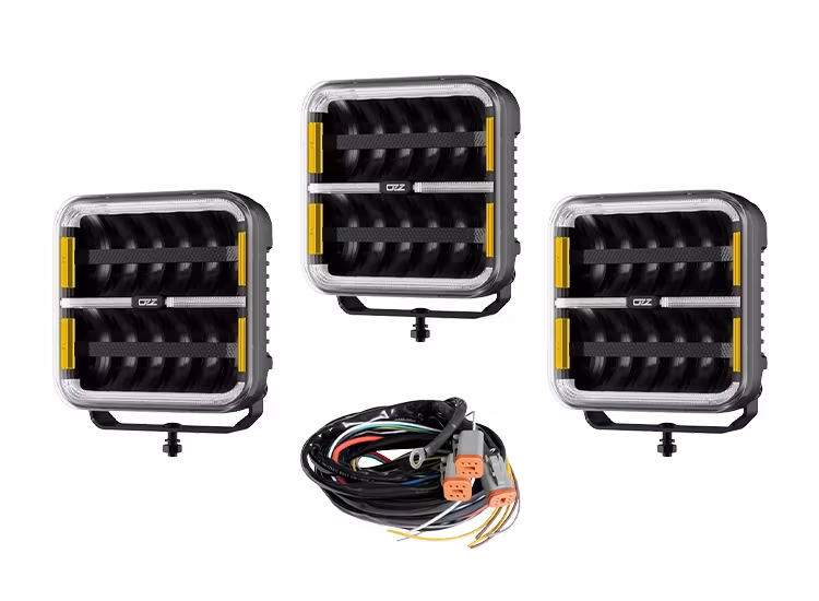 3-Pack OZZ SQR 9″ LED extraljus med kabelsats