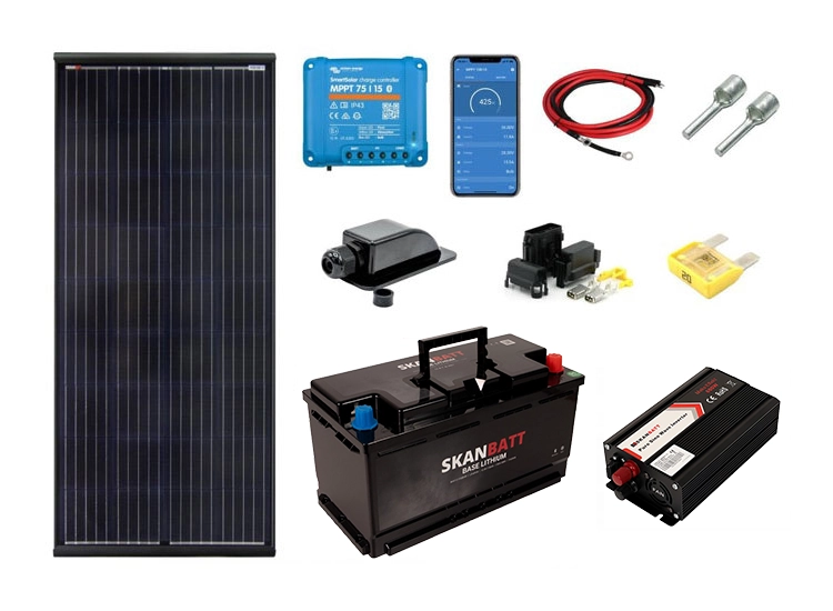 Off-Grid paket Husbil/Camper 150W solpanelskit + inverter + batteri