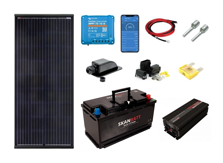 Off-Grid paket Husbil/Camper 150W solpanelskit + inverter + batteri