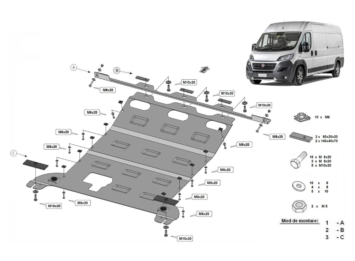 Hasplåt motor / växellåda / kylare 2,5mm aluminium Fiat Ducato 2016+