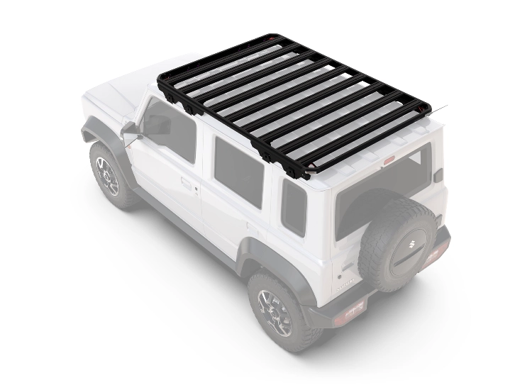 Front Runner Slimline 3 - monterad på Suzuki Jimny 5-dörrars sedd snett bakifrån och ovanifrån
