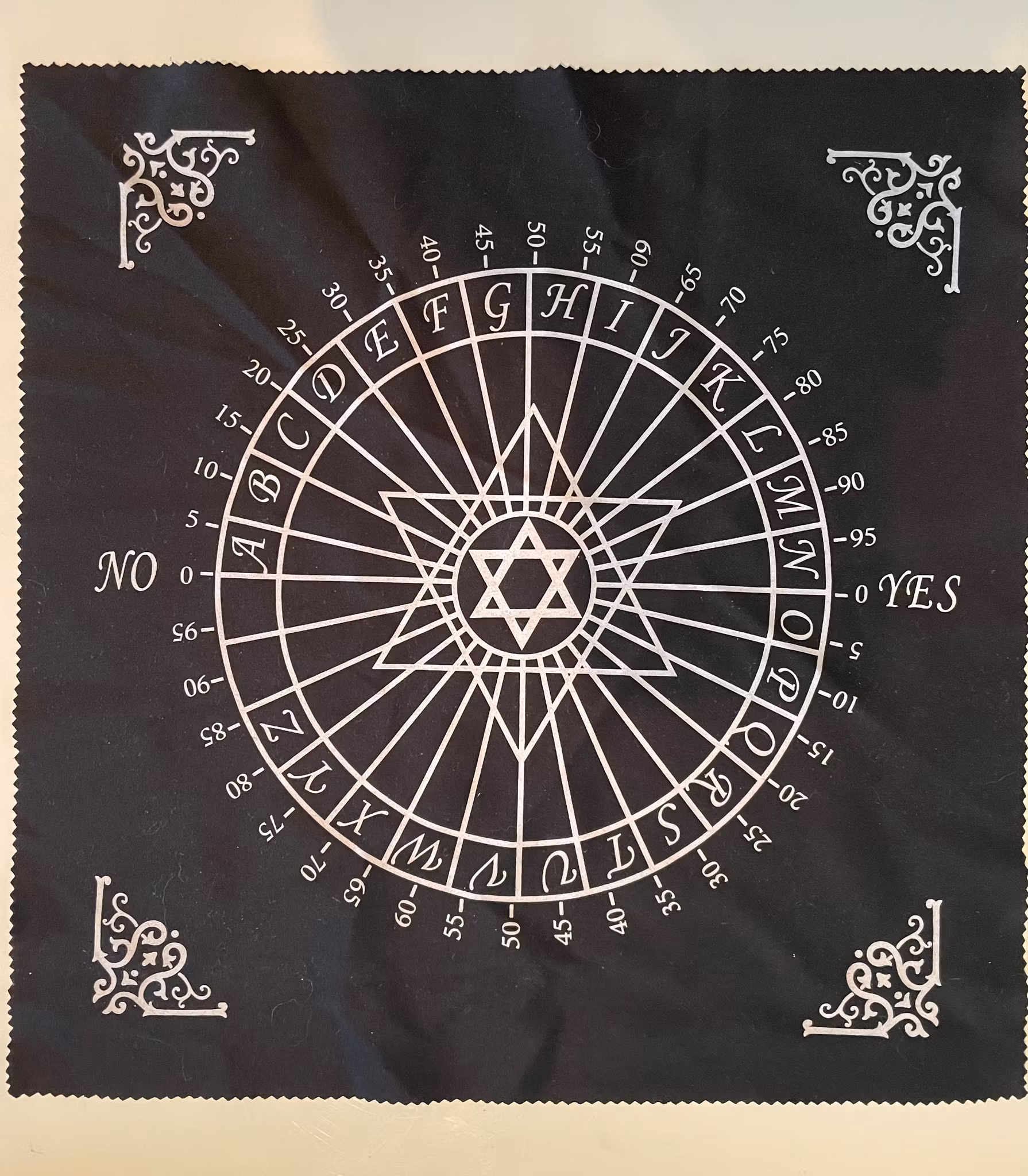 På bilden visas en pendelmatta i svart med vita markeringar för ja nej kanske samt pentagramsymbol