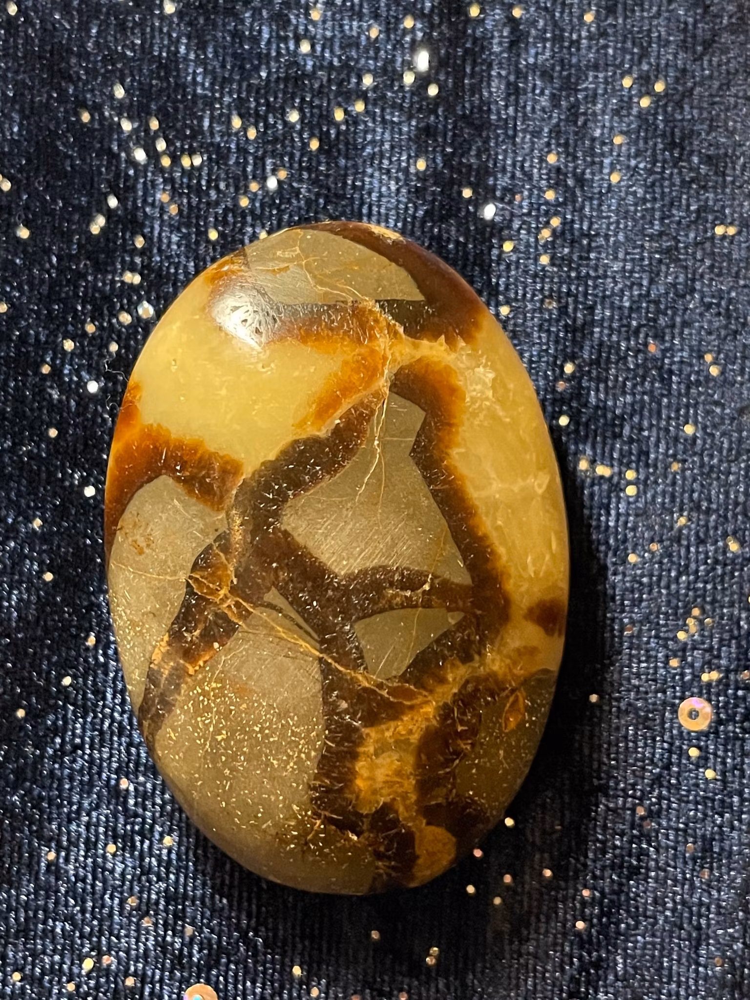 På bilden visas en Draksten (Septarian) . Den är gul med bruna mönster.