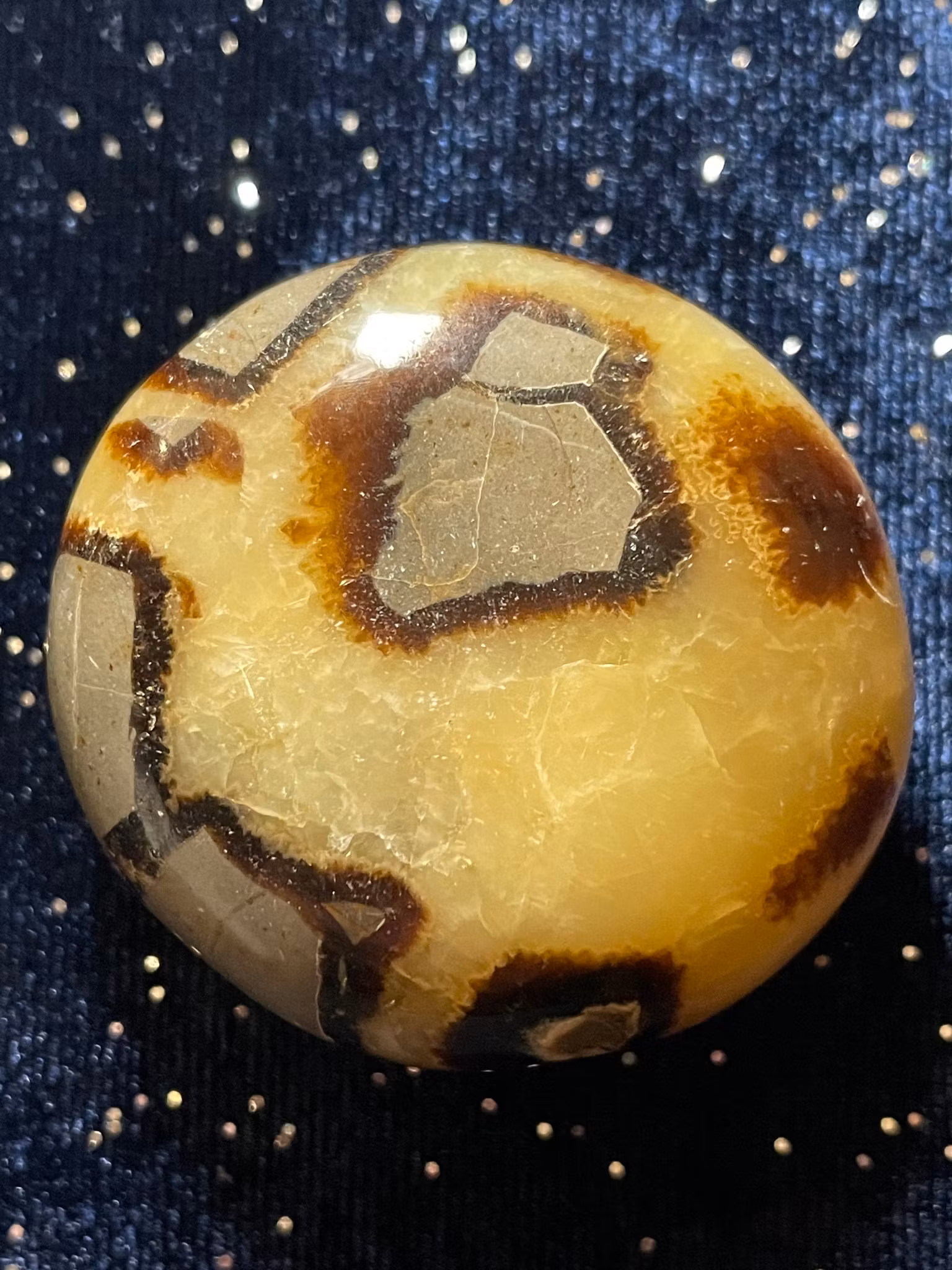 På bilden visas en Draksten (Septarian) . Den är gul med bruna mönster.
