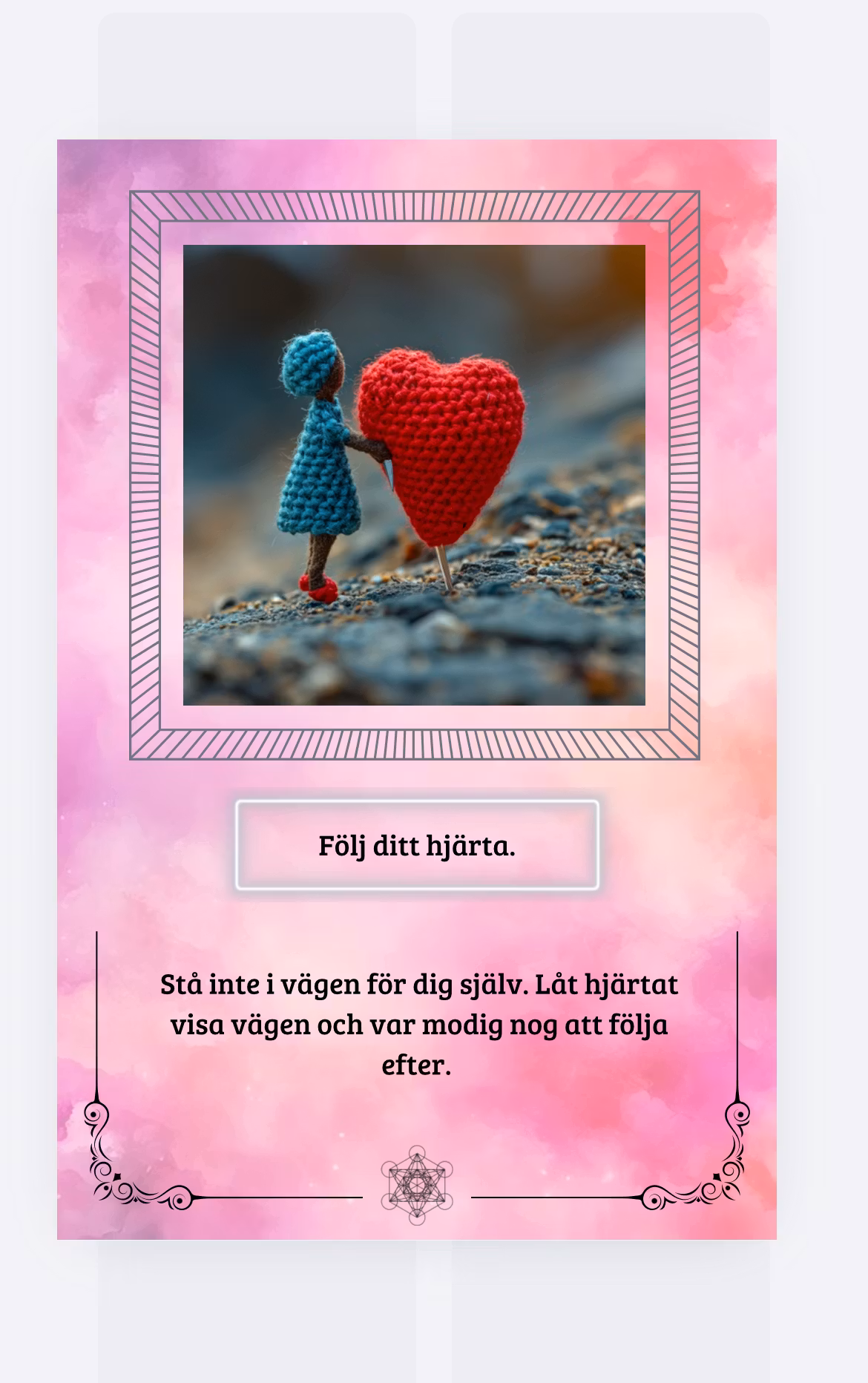 Bilden visar en bild på ett stickat hjärta och en stickad människa med tillhörande text på ett av korten i Kärlek och relationsorakel