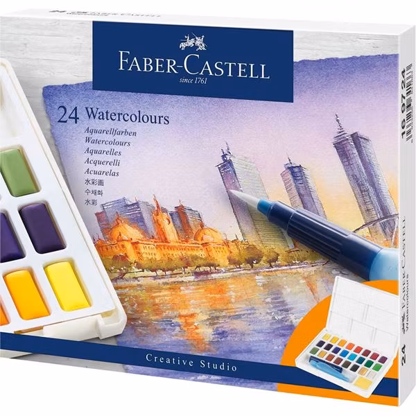 Akvarellset Faber-Castell 24 sorterade färger helkopp + vattenpensel  högpigmenterad glada ungmön