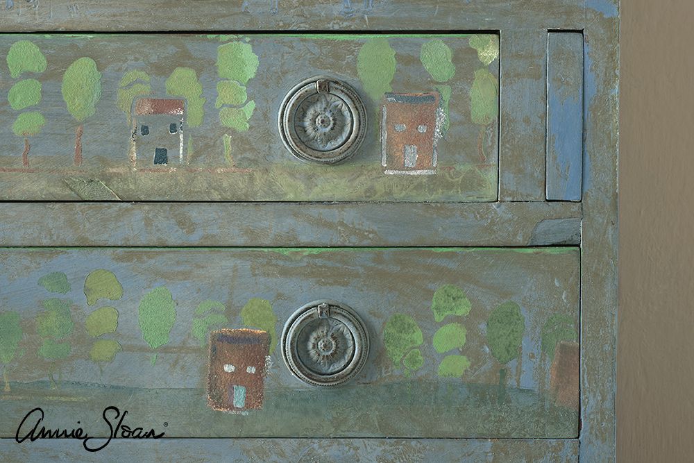 Annie Sloan Chalk paint Greek Blue målad byrå låda Glada ungmöns diversehandel bild 9