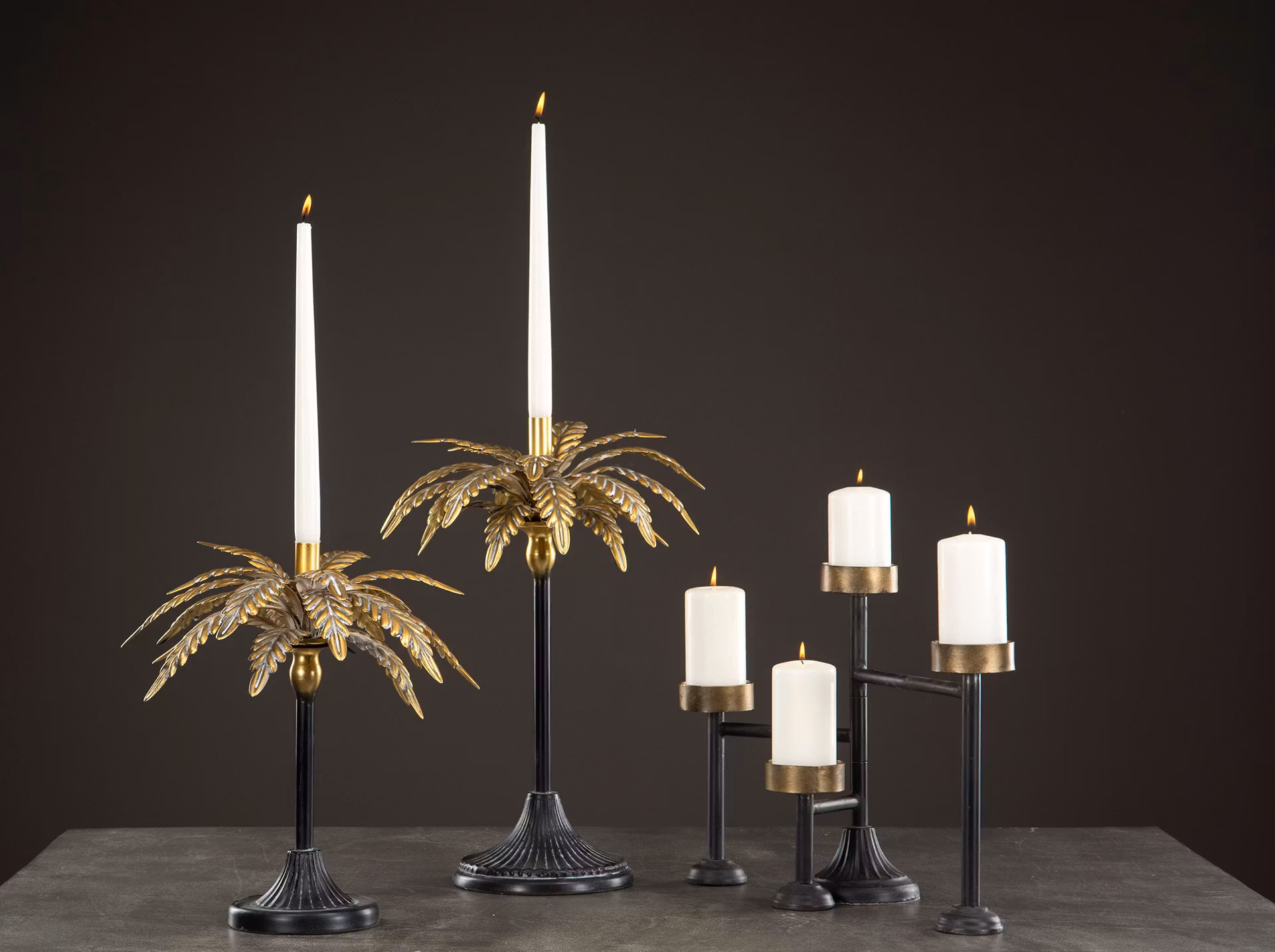 Ljusstake, metall, palmblad,