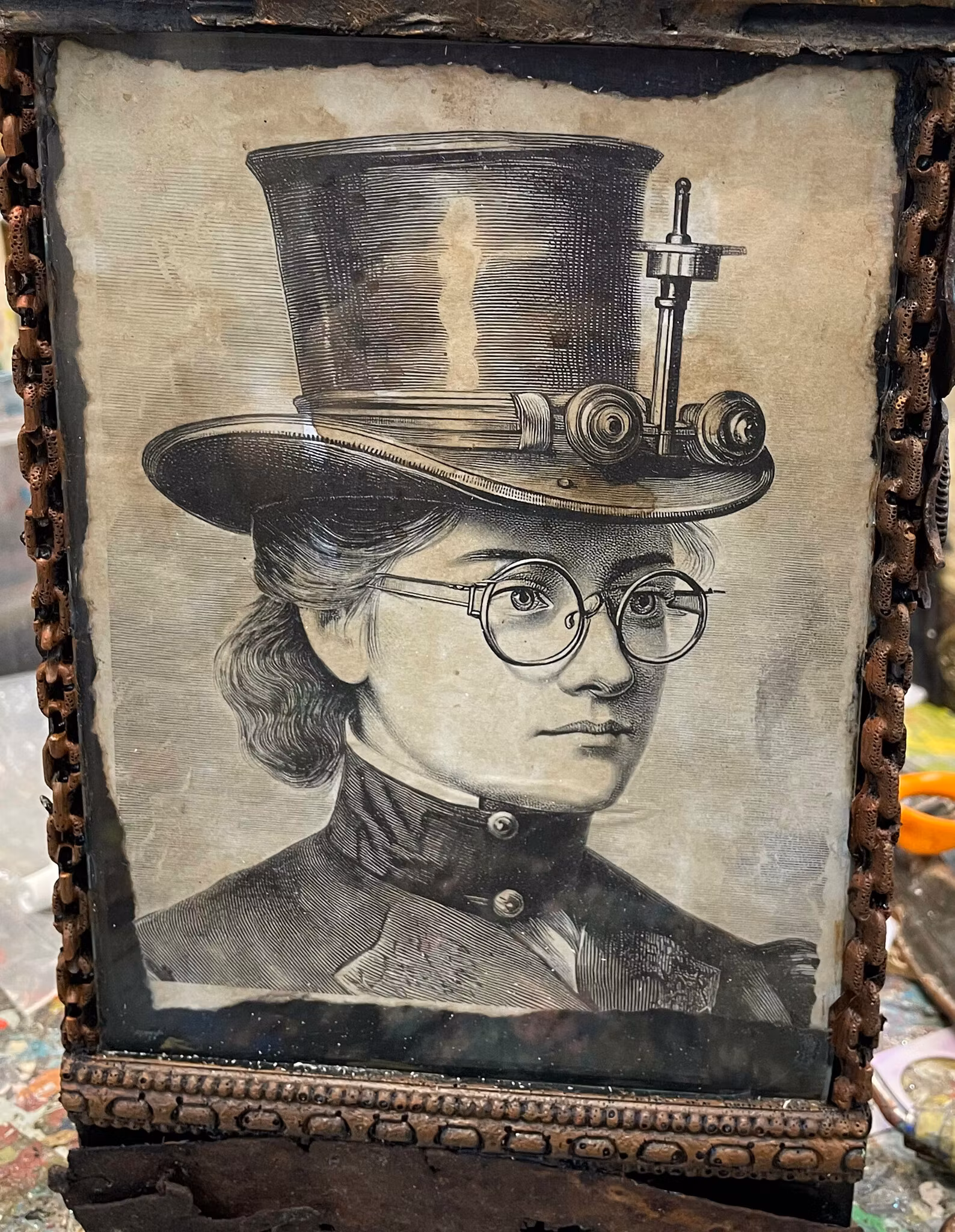 Steampunk unika tavlor olika motiv med steampunktema cool kvinna, närbild, hatt, glasögon