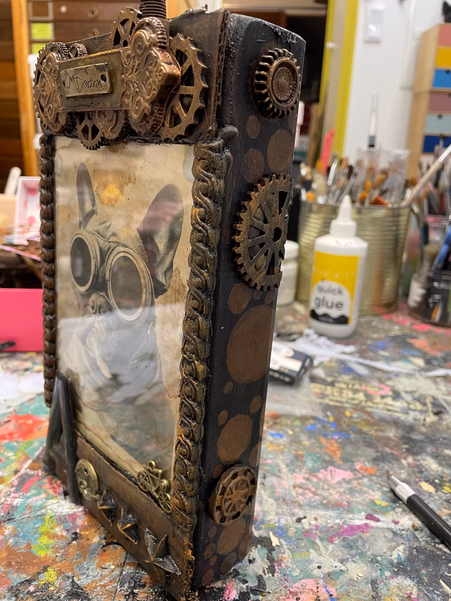 Steampunk unika tavlor olika motiv med steampunktema Fralla, Fransk bulldog flygare