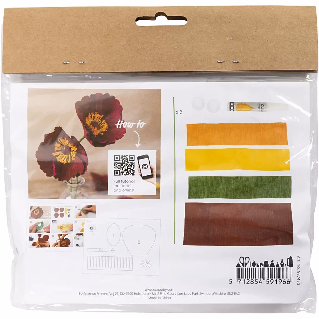 Kräppapper Vallmo    Mini DIY Kit, vinröd, mörkröd, blomma, lim, blomstjälkar, baksida QR-kod