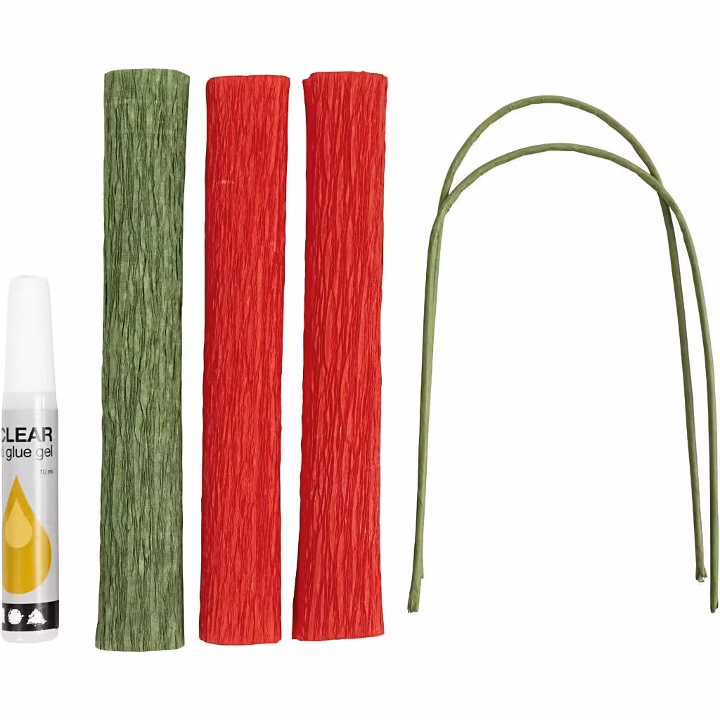 Kräppapper Röd Ros    Mini DIY Kit, innehåll, blommor, blomstjälkar, lim