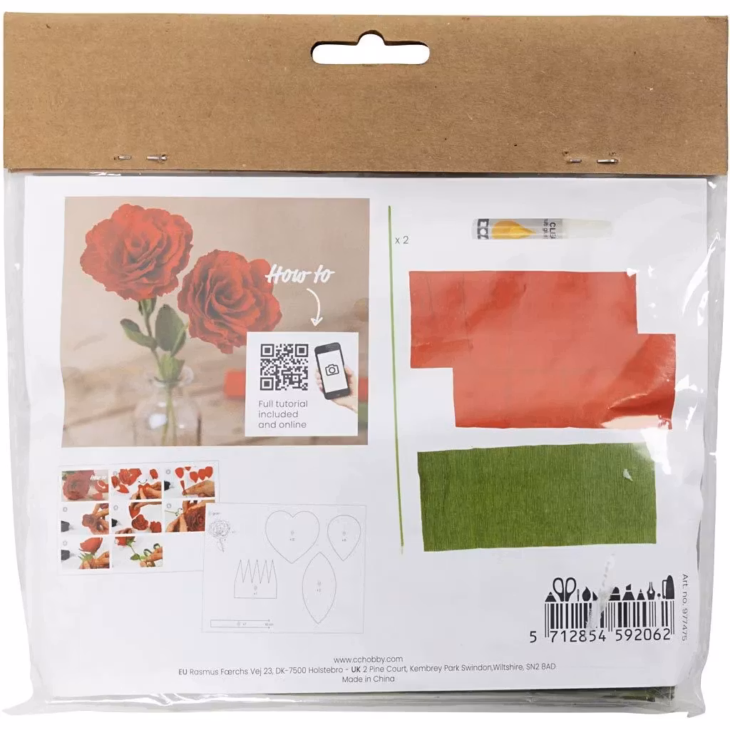 Kräppapper Röd Ros    Mini DIY Kit, innehåll, blommor, blomstjälkar, lim QR-kod, baksida