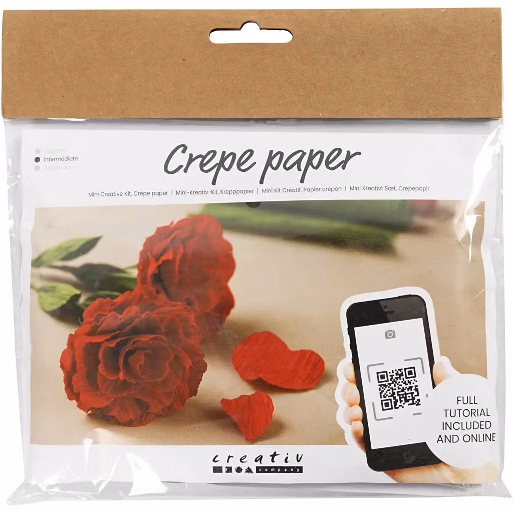Kräppapper Röd Ros    Mini DIY Kit Kräppapper Röd Ros, innehåll, blommor, blomstjälkar, lim