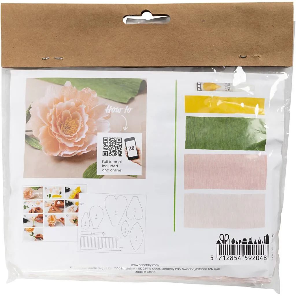 Kräppapper  Rosa Pion  Mini DIY Kit, QR-kod, baksida
