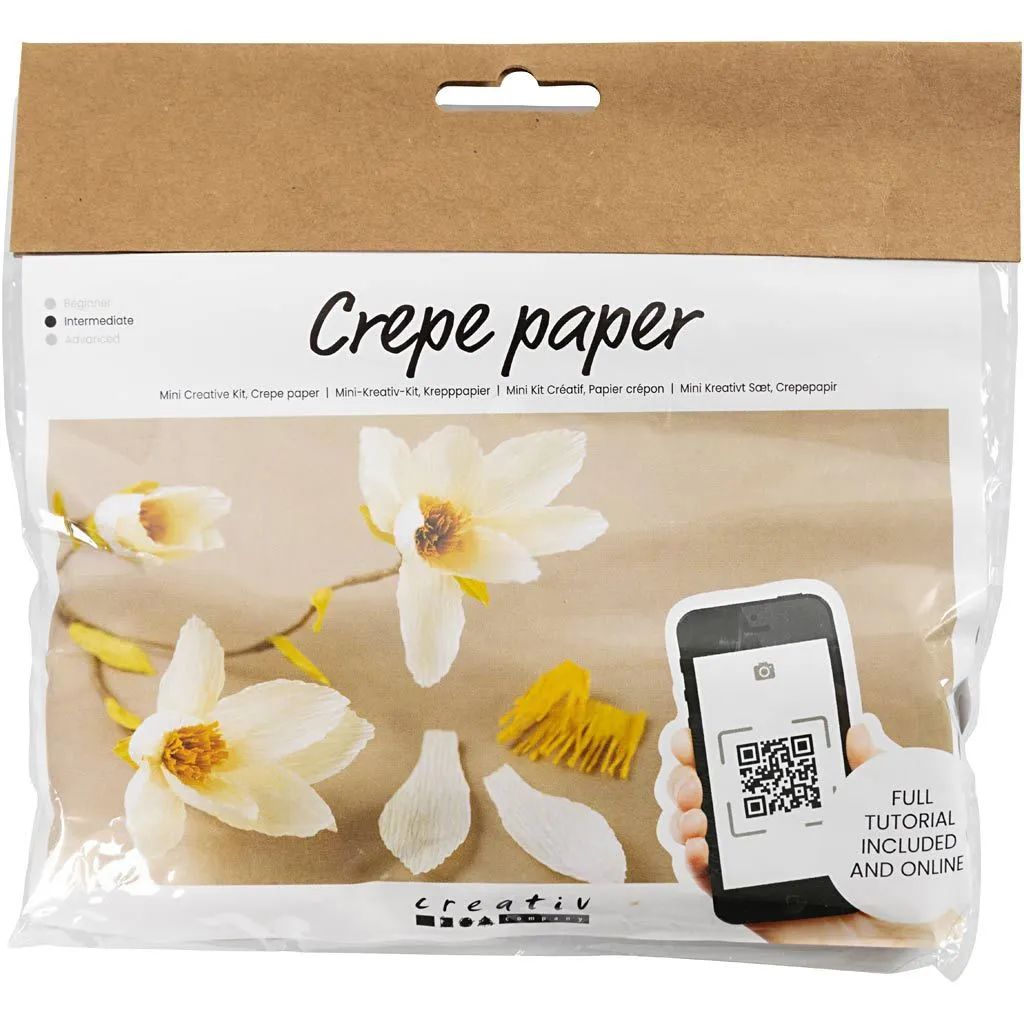 Kräppapper, Magnolia, kvist, Mini DIY Kit, vita blommor, framsida, mobil