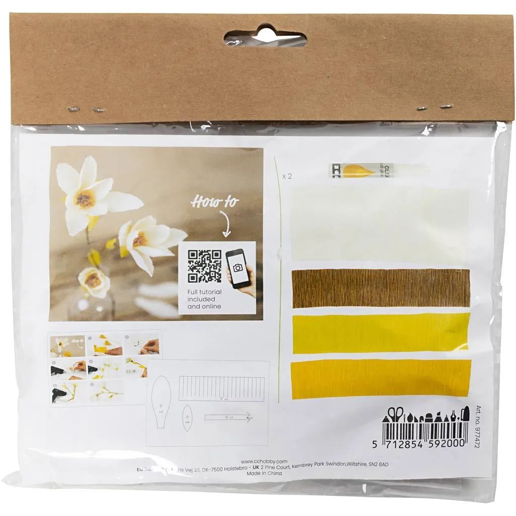Kräppapper, Magnolia, kvist, Mini DIY Kit, vita blommor, baksida, kod
