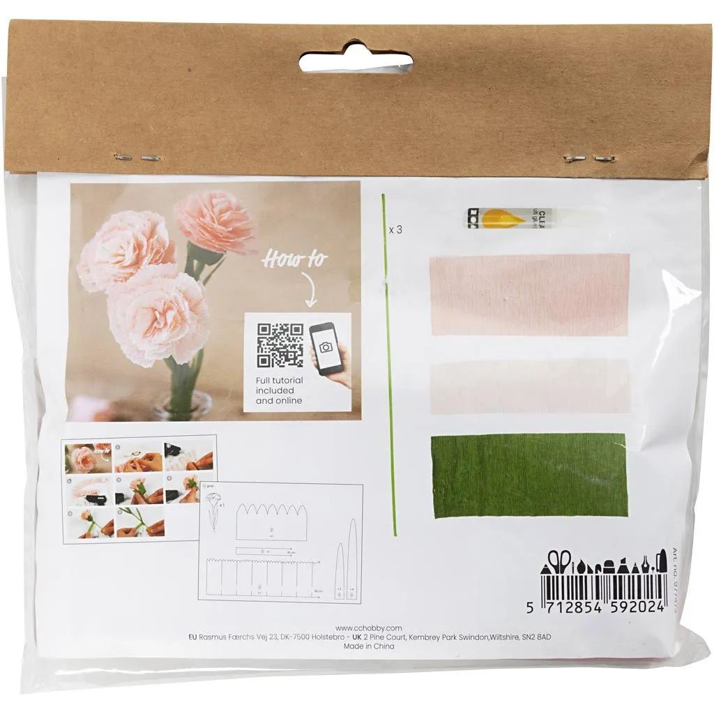Kräppapper, Nejlikor, Mini DIY Kit, rosa, blomma, superlim, baksida, kod