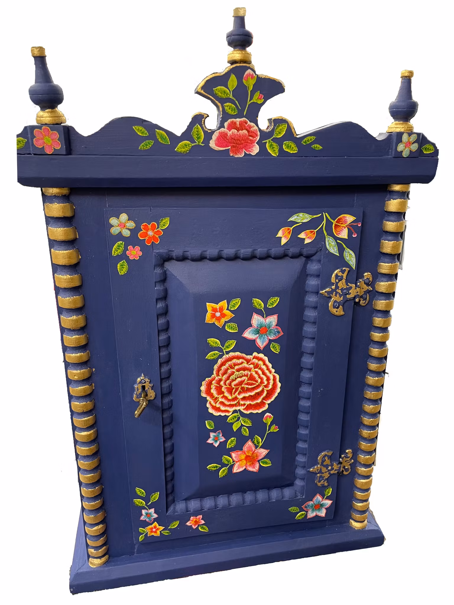 blått skåp, handmålat, tapet, napoleonic blue, annie sloan, chalk paint, bladmetall, guld