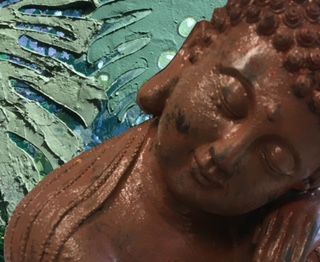 rost och betong, kurs, buddhafigur, brunt, gröna blad