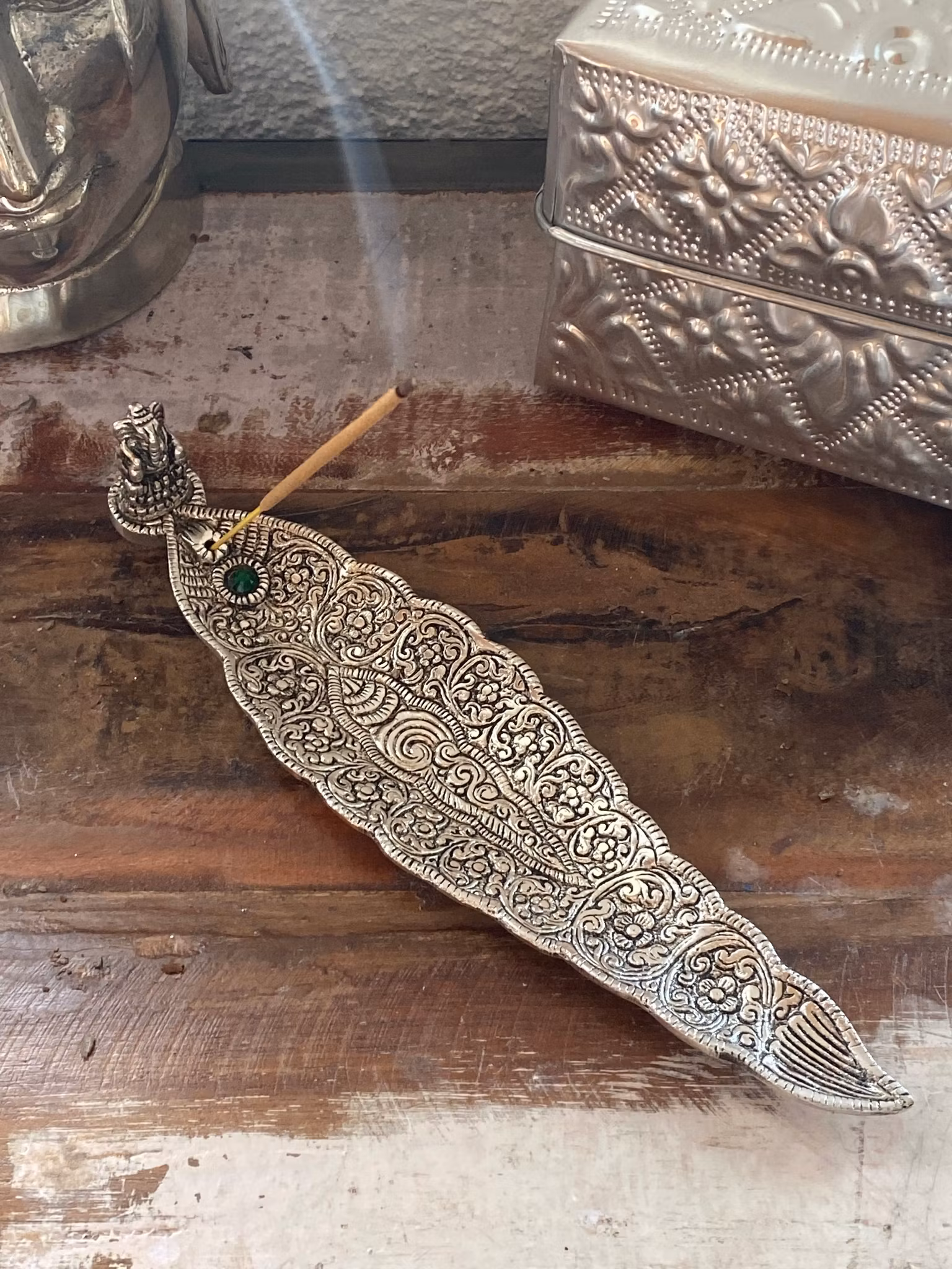 Rökelsehållare blad silver Ganesha