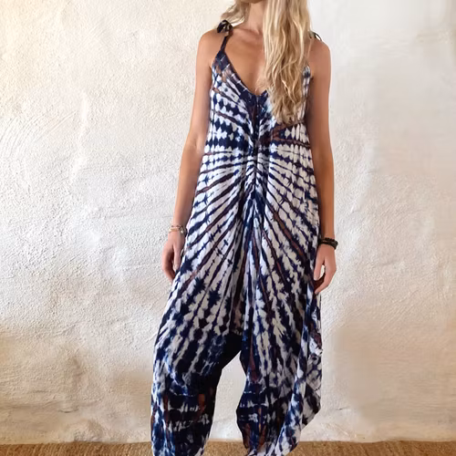 Byxdress jumpsuit tiedye blå/vit/brun