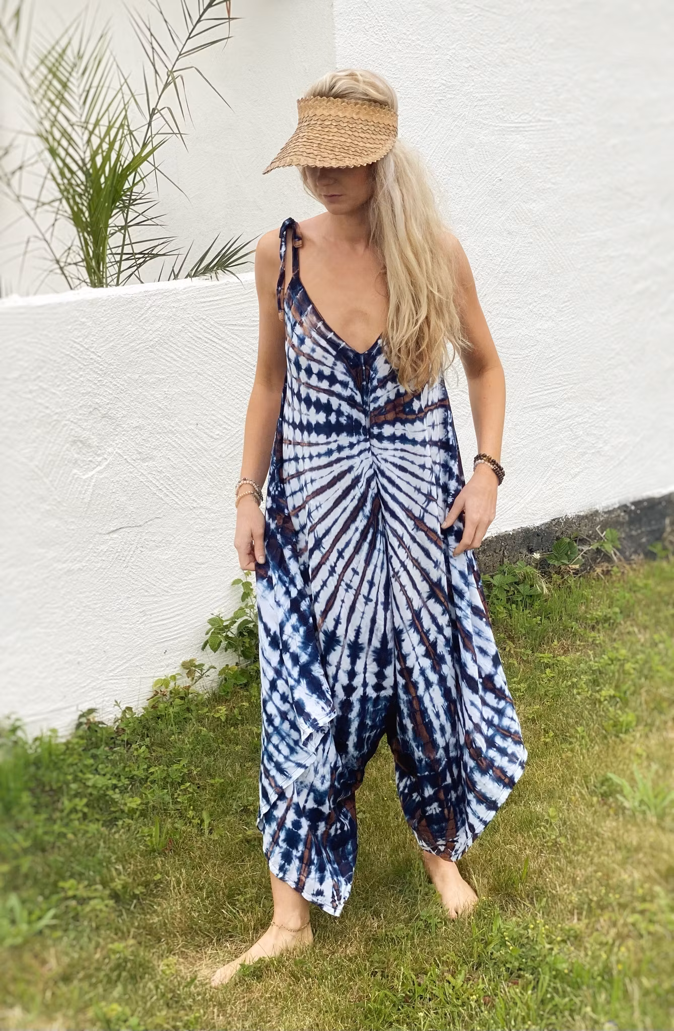 Byxdress jumpsuit tiedye blå/vit/brun