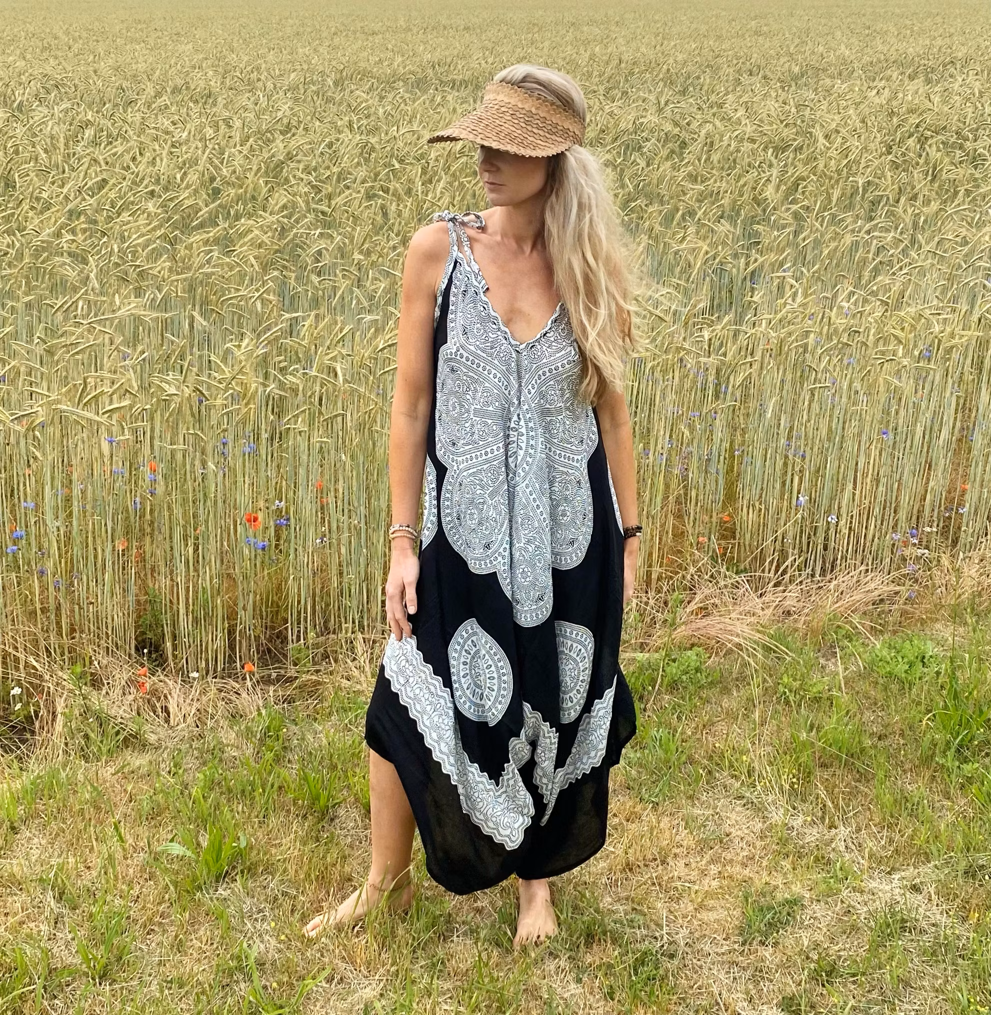Byxdress jumpsuit mandala svart/vit