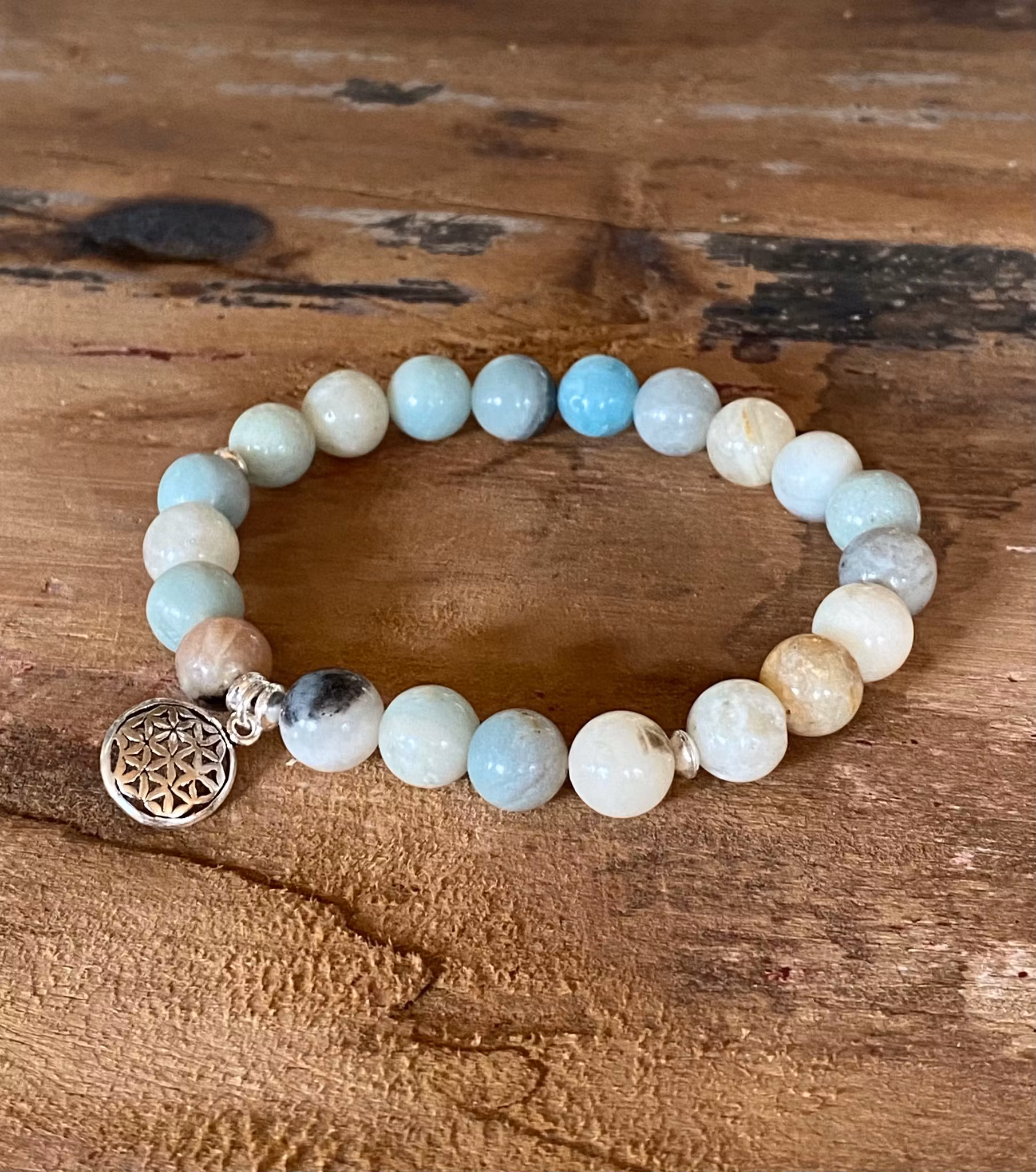 Armband amazonit & livets blomma i silver