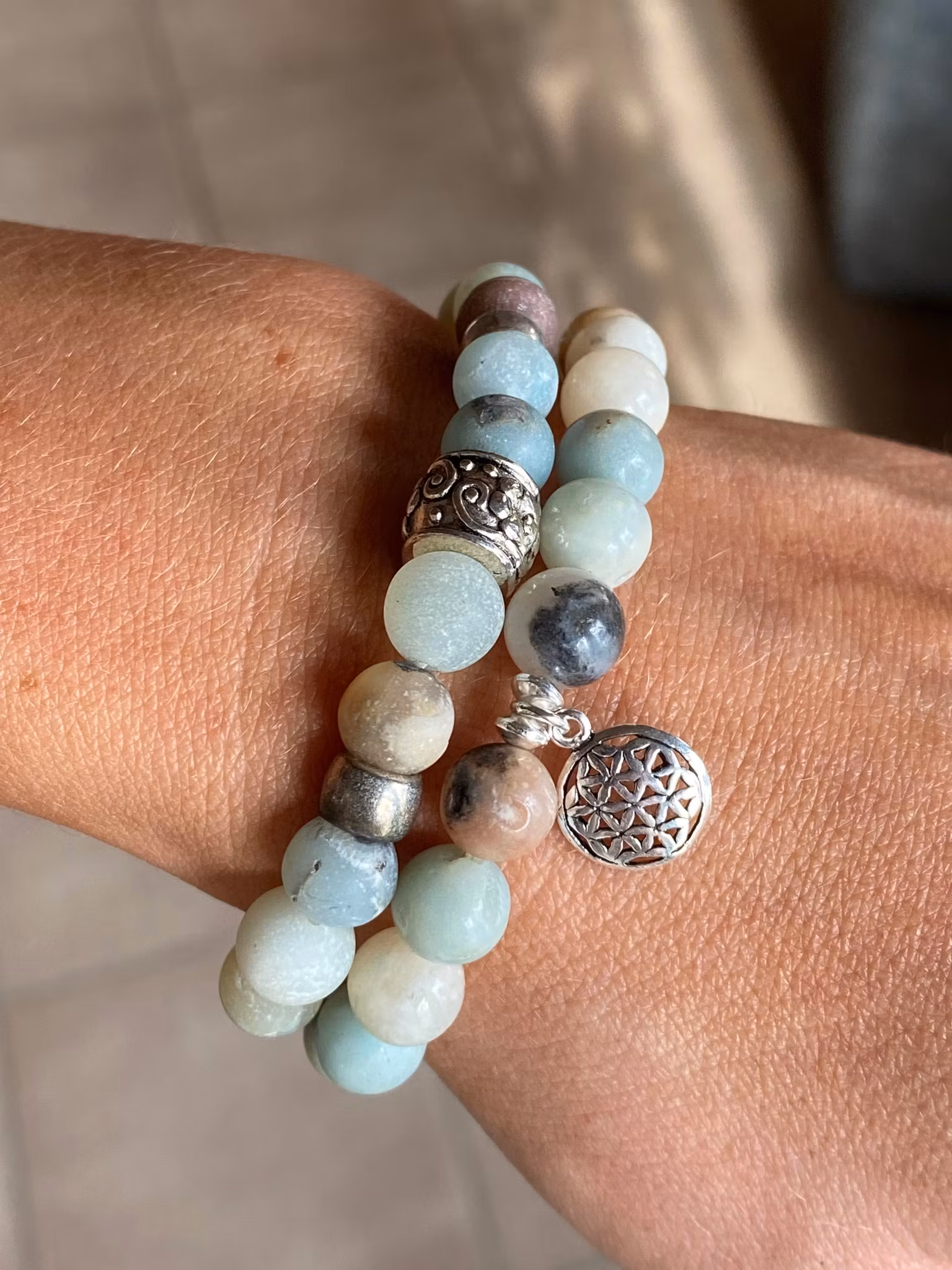 Armband amazonit & livets blomma i silver
