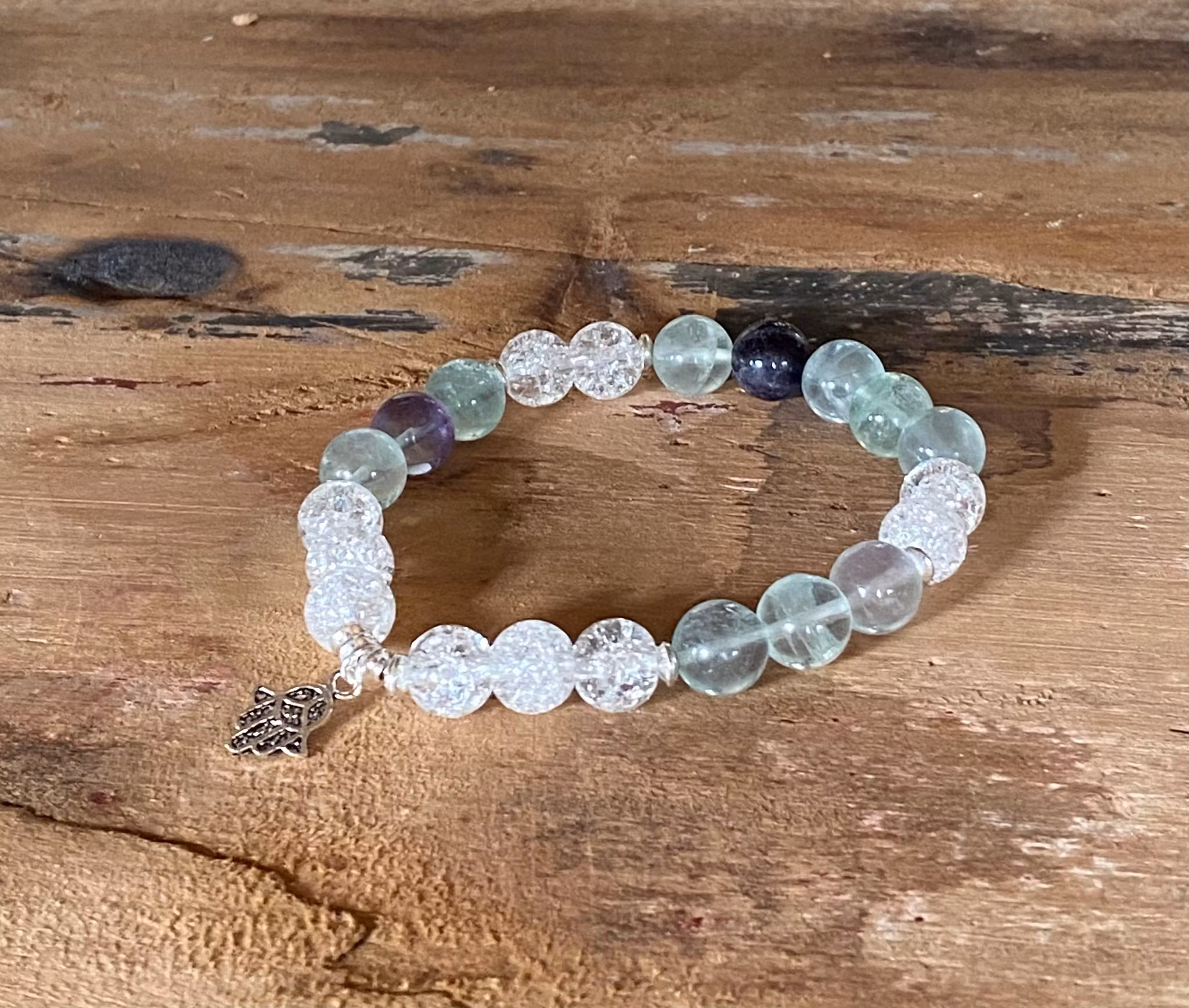 Armband bergkristall, fluorit & Fatimas hand i silver