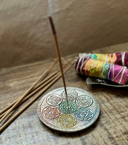Seven chakra rökelsehållare fat silver