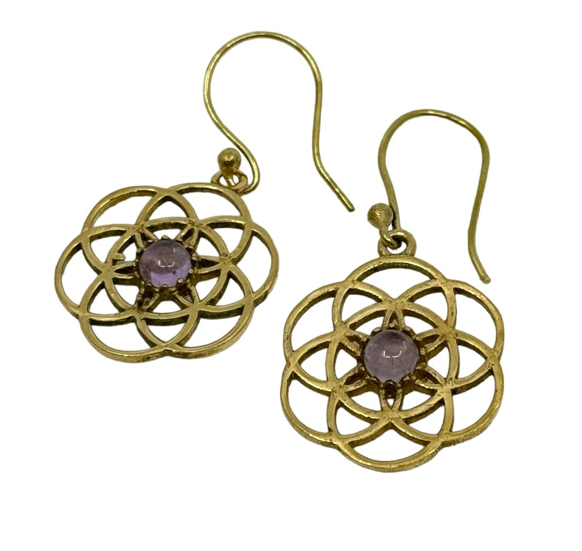 Flower of life örhänge i brons med rosenkvarts