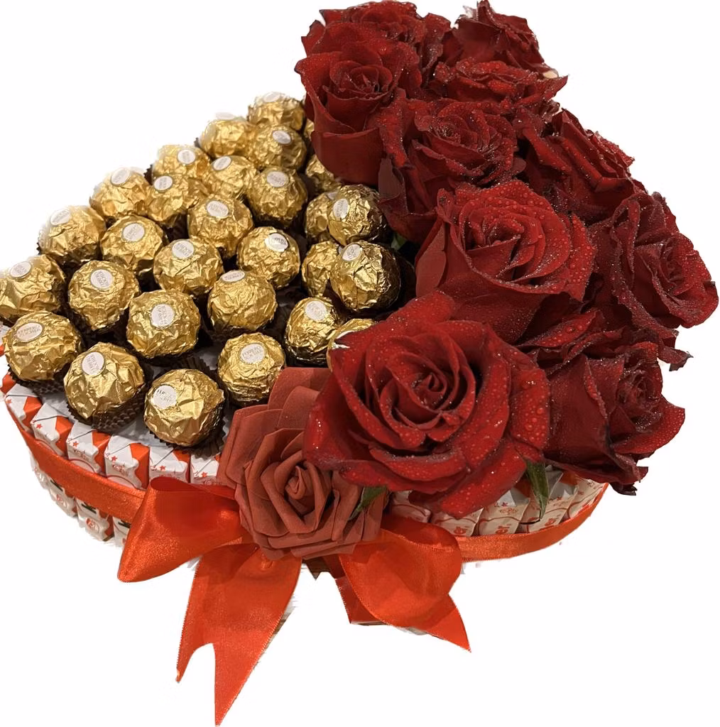 Choklad & blommor i form av ett hjärta (bara Stockholm)
